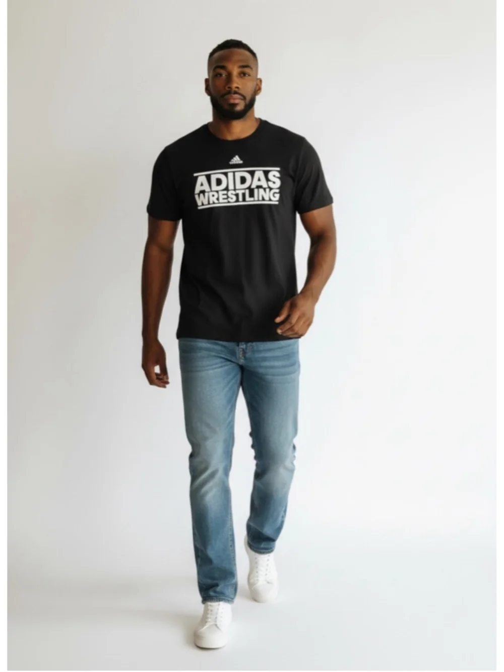 Men’s Adidas Wrestling graphic t-shirt featuring a bold white Adidas Wrestling l